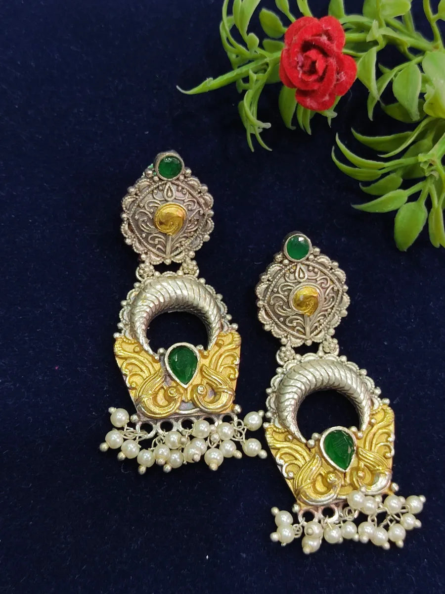Emerald Stone And Pearl Beaded Oxidized Dangler Earrings Near Me