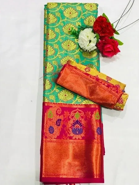 Pure Kanjeevaram Green Tissue Silk Saree With Contrast Zari Border - SILKMARK CERTIFIED