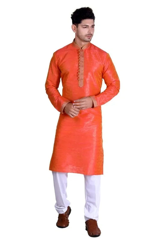 Royal Men's Embroidered Pure Silk Kurta Pajama Set - Orange