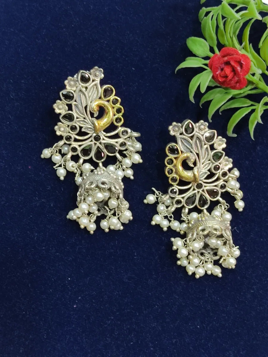 Peacock Pearl Beaded And Black Stone Oxidized Earrings Near Me