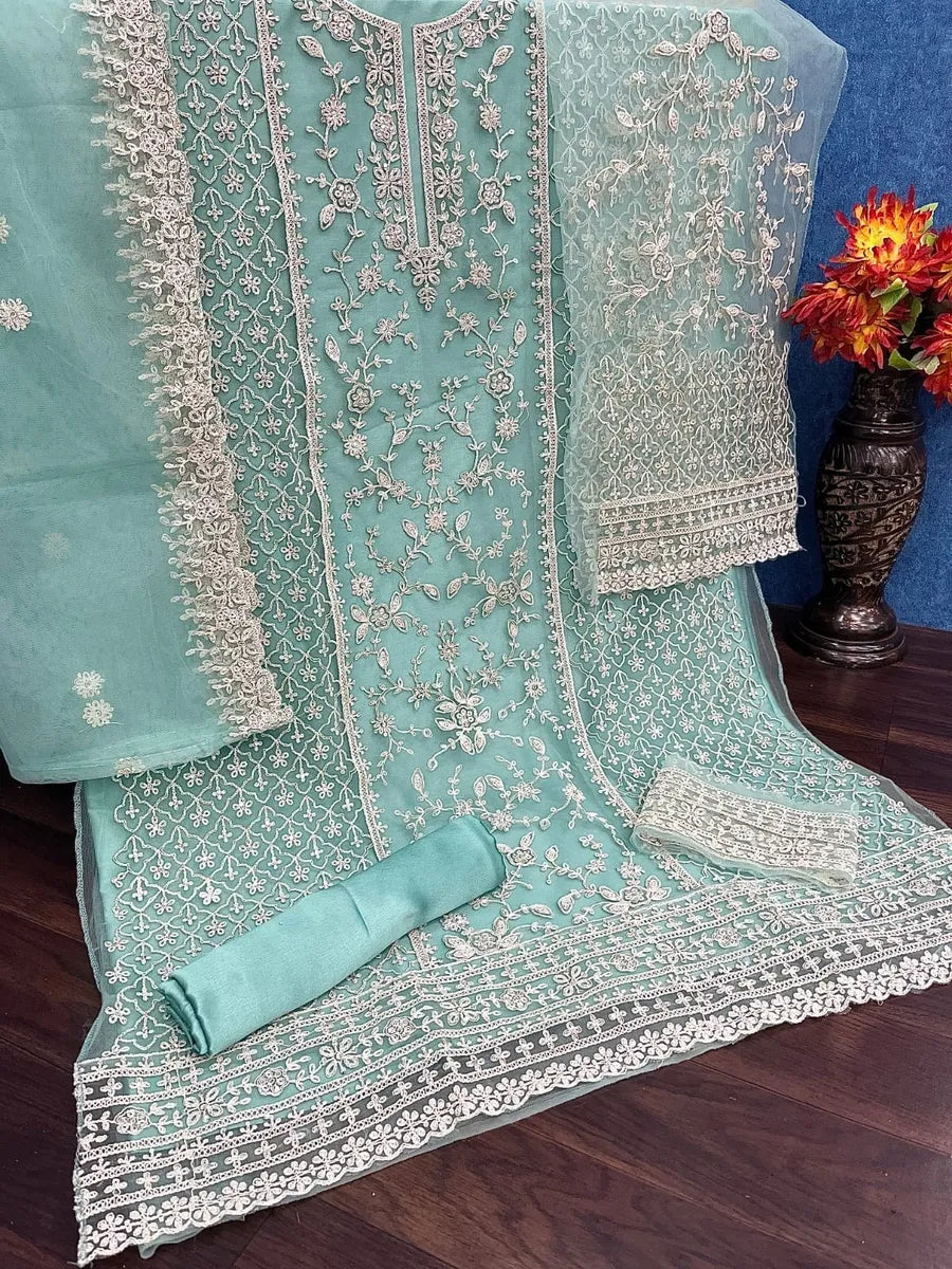 Embroidered Netted Beautiful Palazzo Suit In Yuma
