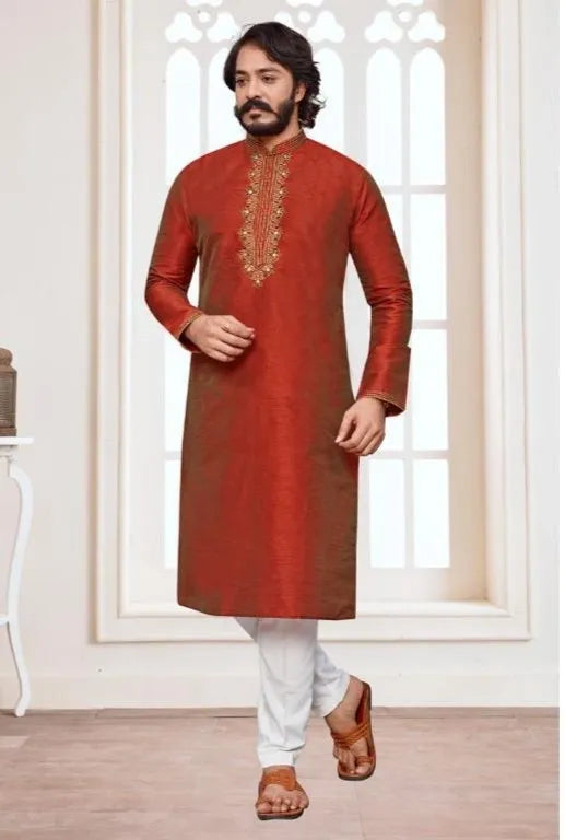 Traditional Men's Ethnic Long Kurta with Pajama Set - Two Tone Red
