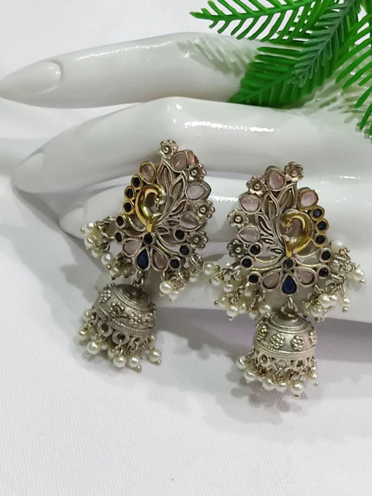 Pearl Beaded Blue Stone Peacock Oxidized Jhumka Earrings
