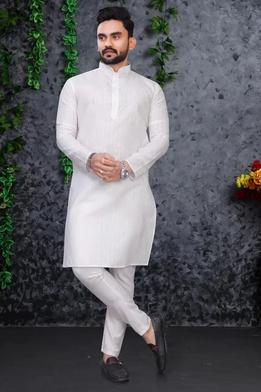 Attractive White Color Men Kurta and Pajama Set Pure Cotton With Silver Weaving Lining