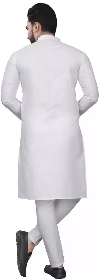 White Color Men Kurta and Pajama Set Pure Cotton With Silver Weaving Lining Near Me