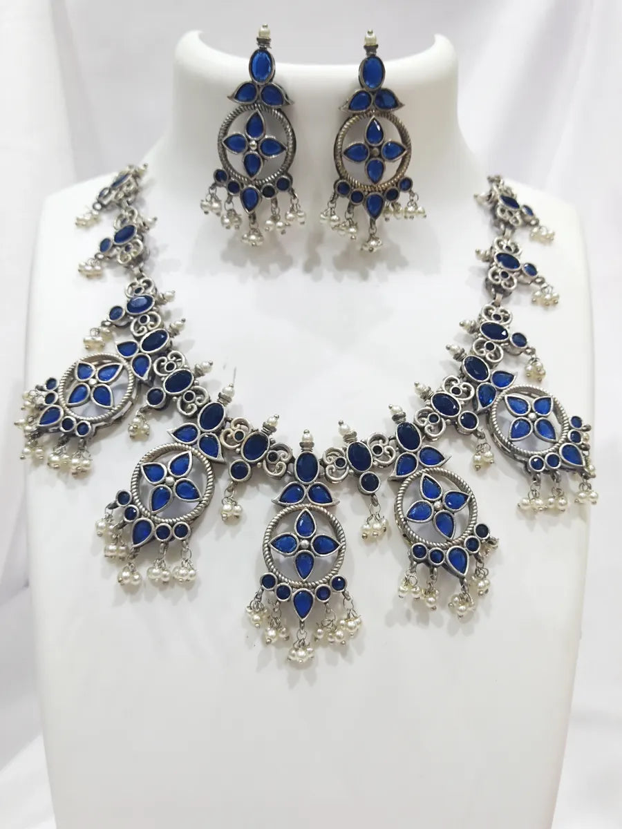 Mesmerizing Blue Chandbali Silver Oxidized Necklace Set Made With Brass And Copper
