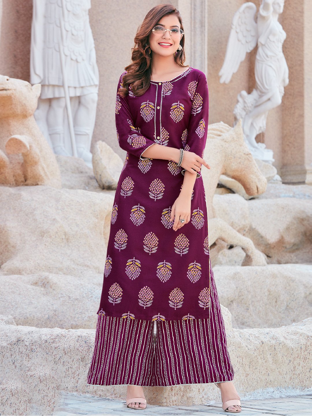 Designed Wine Rayon Printed Kurta with Palazzo Pant