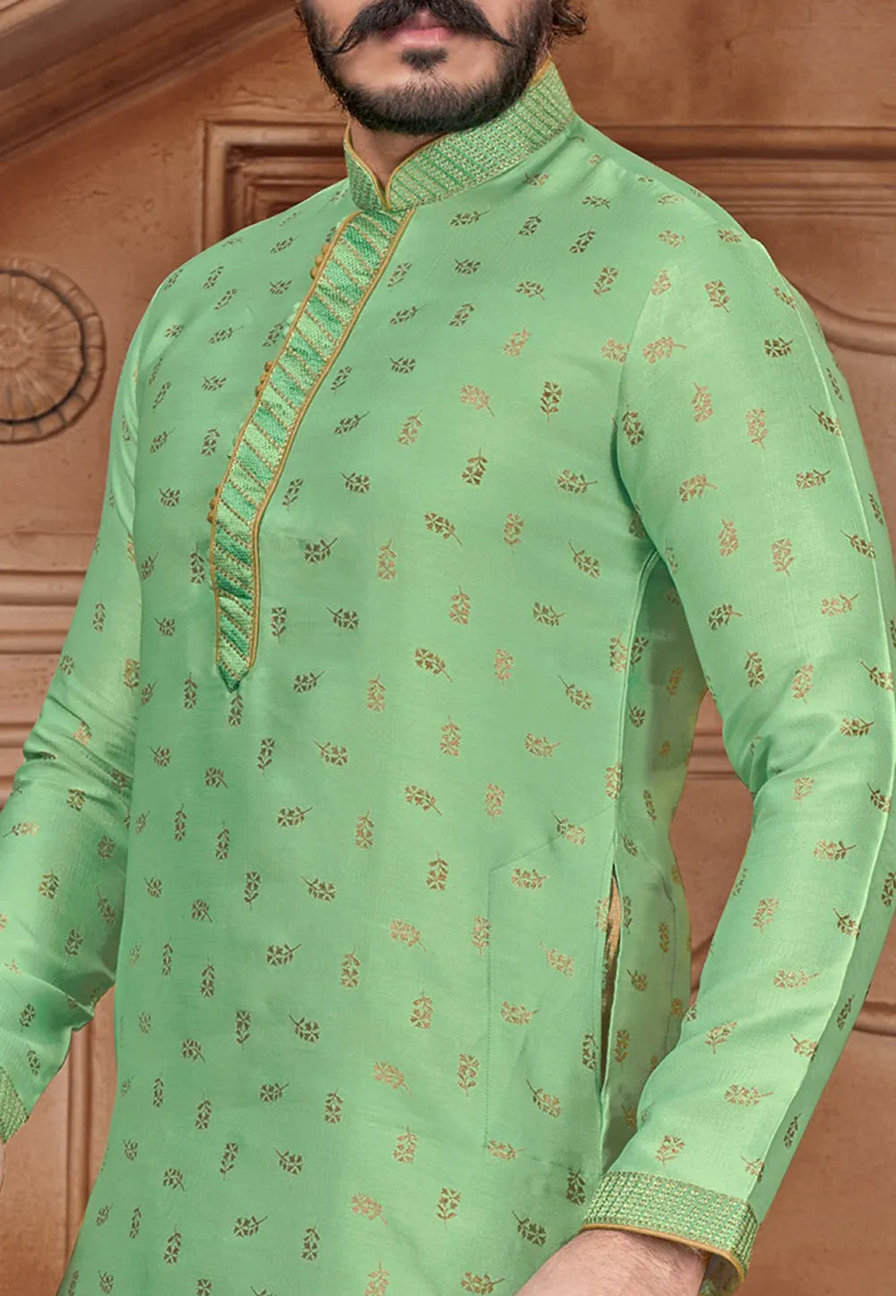 Light Green Embroidered Men's Pure Jacquard Leaf Printed Kurta Pajama Set in Suncity