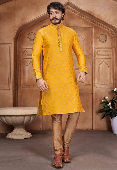 Men's Pure Jacquard Leaf Work Kurta Pajama Set In Yellow
