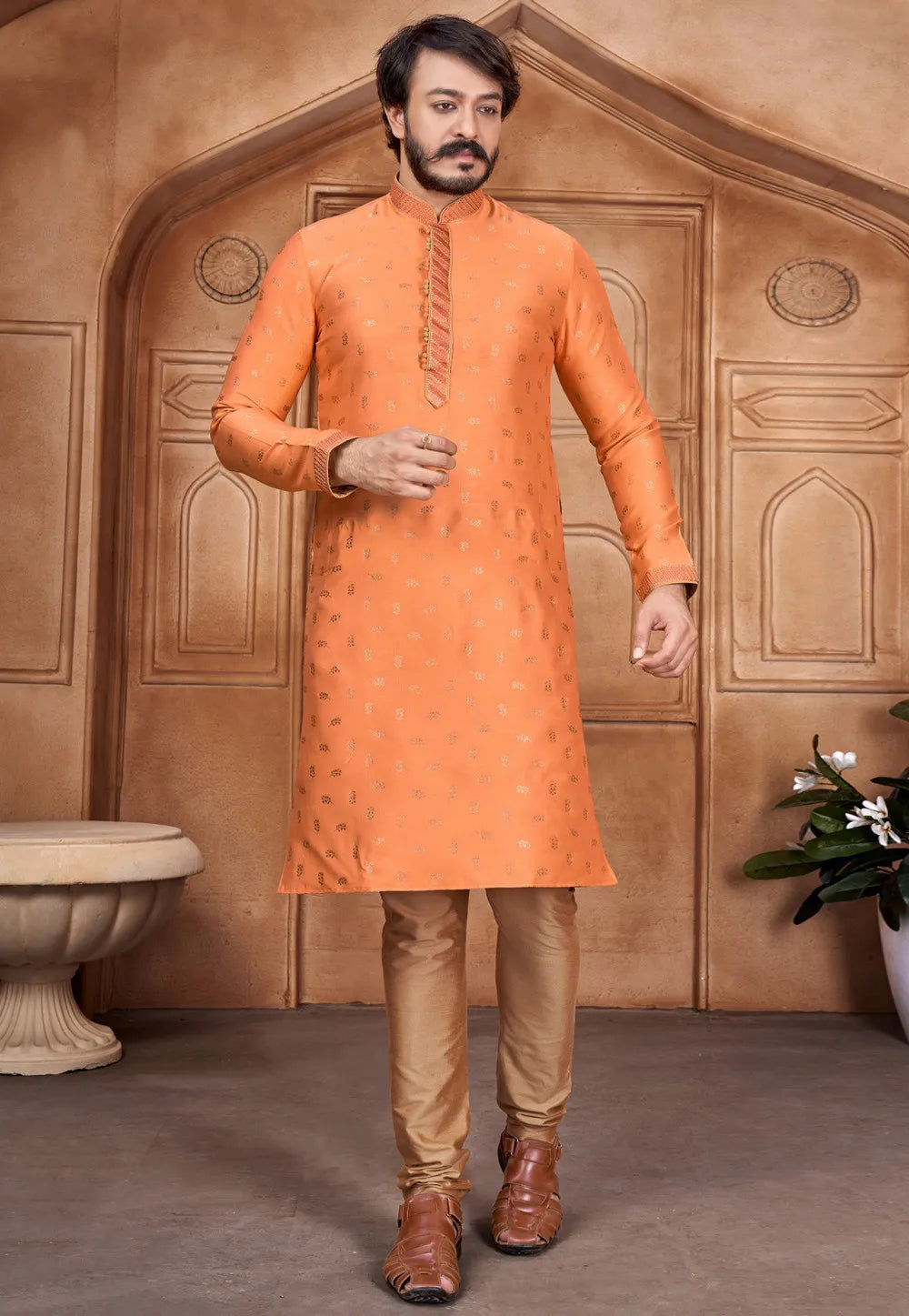 Men's Pure Jacquard Leaf Work Kurta Pajama Set In Orange 