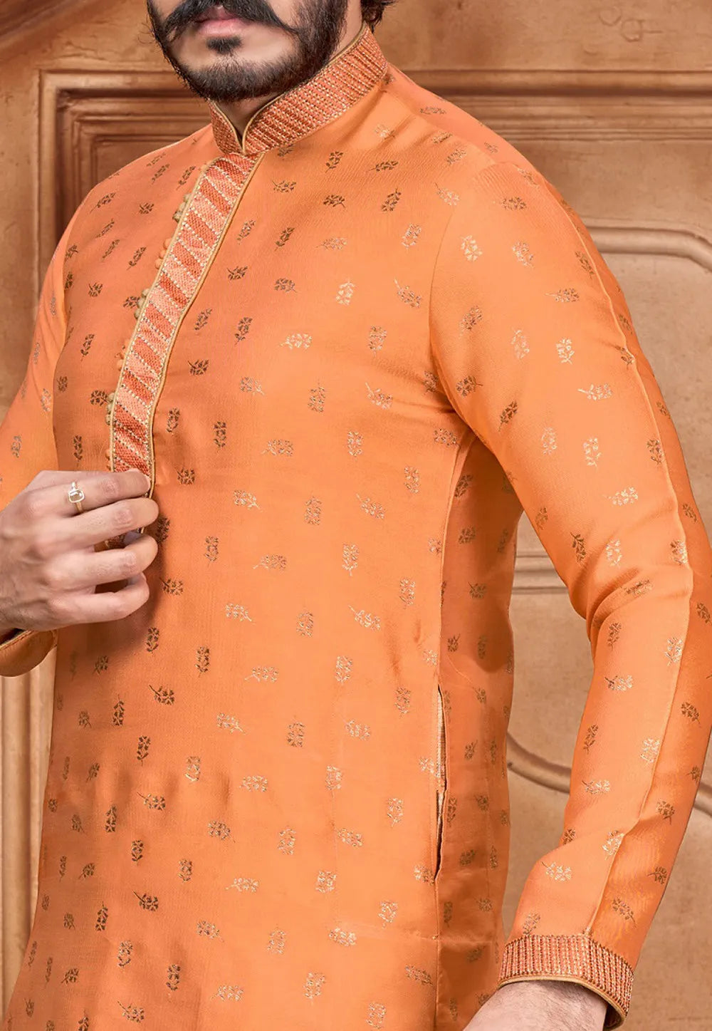 Men's Pure Jacquard Leaf Work Kurta Pajama Set In Orange in Phoenix