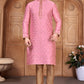 Embroidered Men's Pure Jacquard Leaf Work Kurta Pajama Set In Light Pink