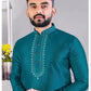Men's Solid Embroidered Teal Blue Silk Kurta Pajama Set Near Me