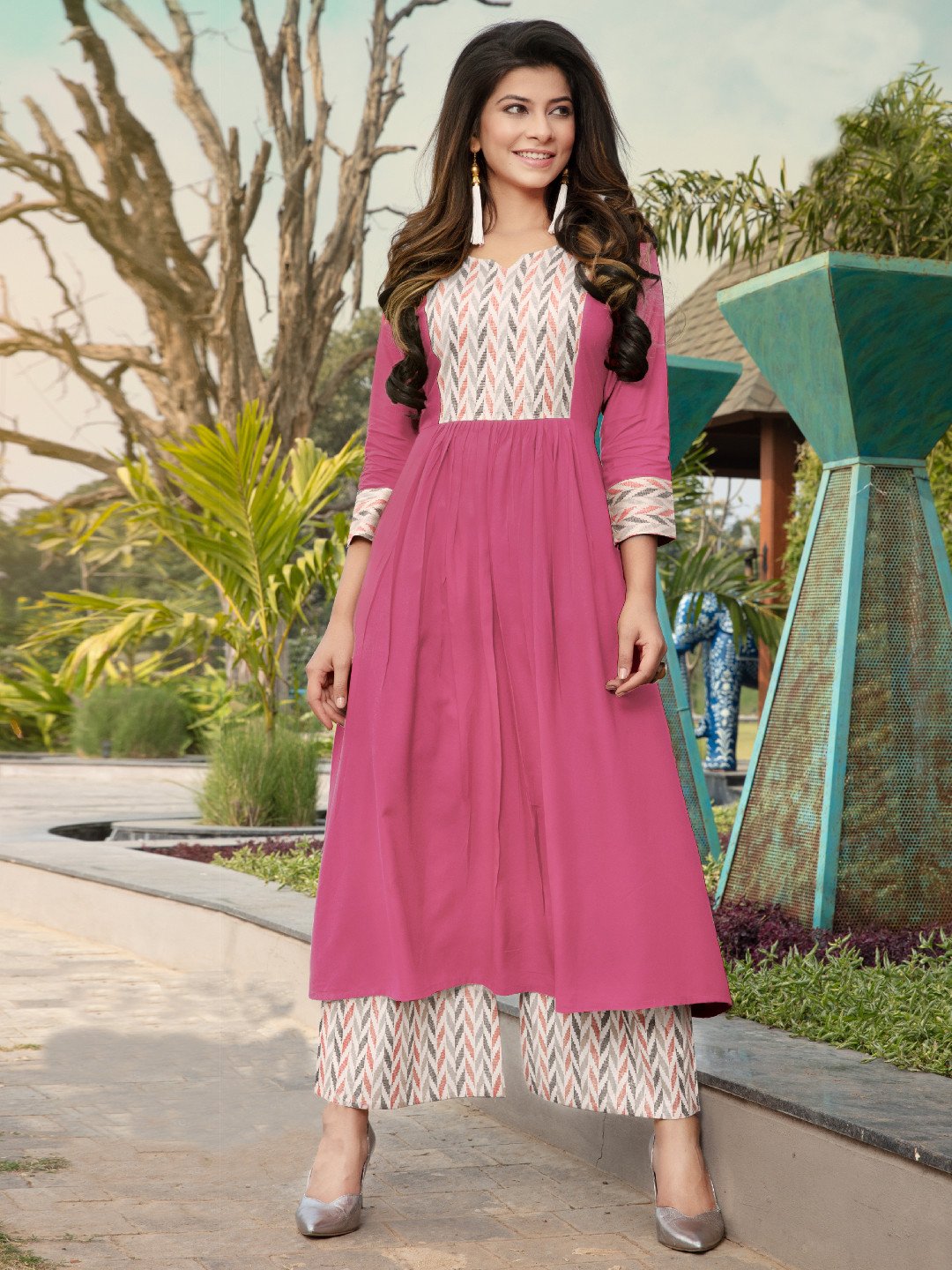 Trendy Beautiful Pink Yoke Printed Cotton Kurti with Cotton Palazzo